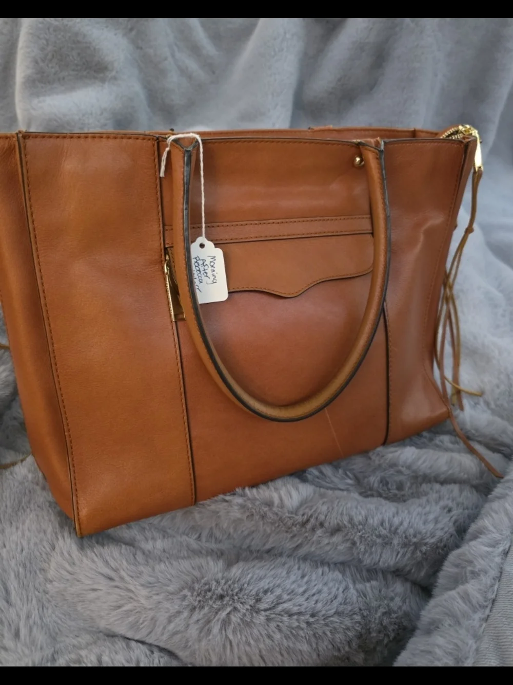 Rebecca Minkoff MAB Morning After Leather Tote Bag Cognac Tan Fringe Zip